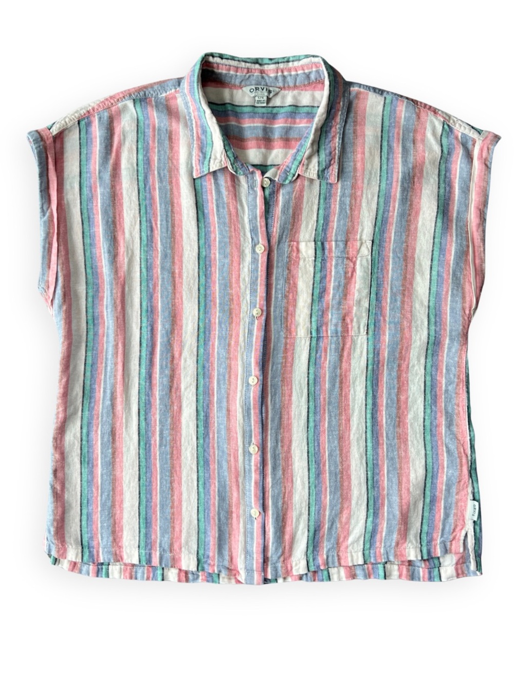 Orvis Linen Blend Striped Button Down Shirt Pastel Pink Blue Green Large
